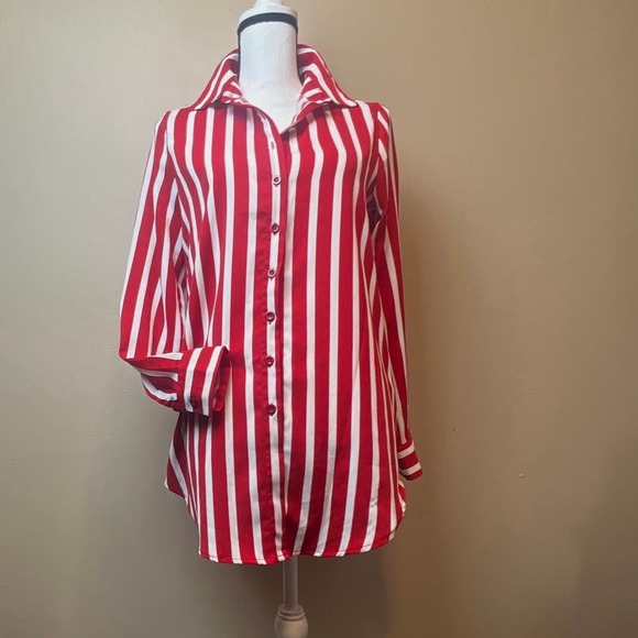 DROIMP Chic Red & White Striped Long Blouse - Size 4/Small - Picture 1 of 13